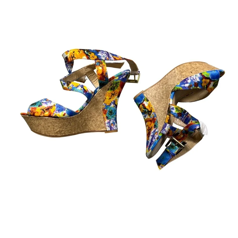 Womens Size 8.5 Multicolor Cork Wedge Heels Platform Sandals‎ Ankle Strap Bumper
